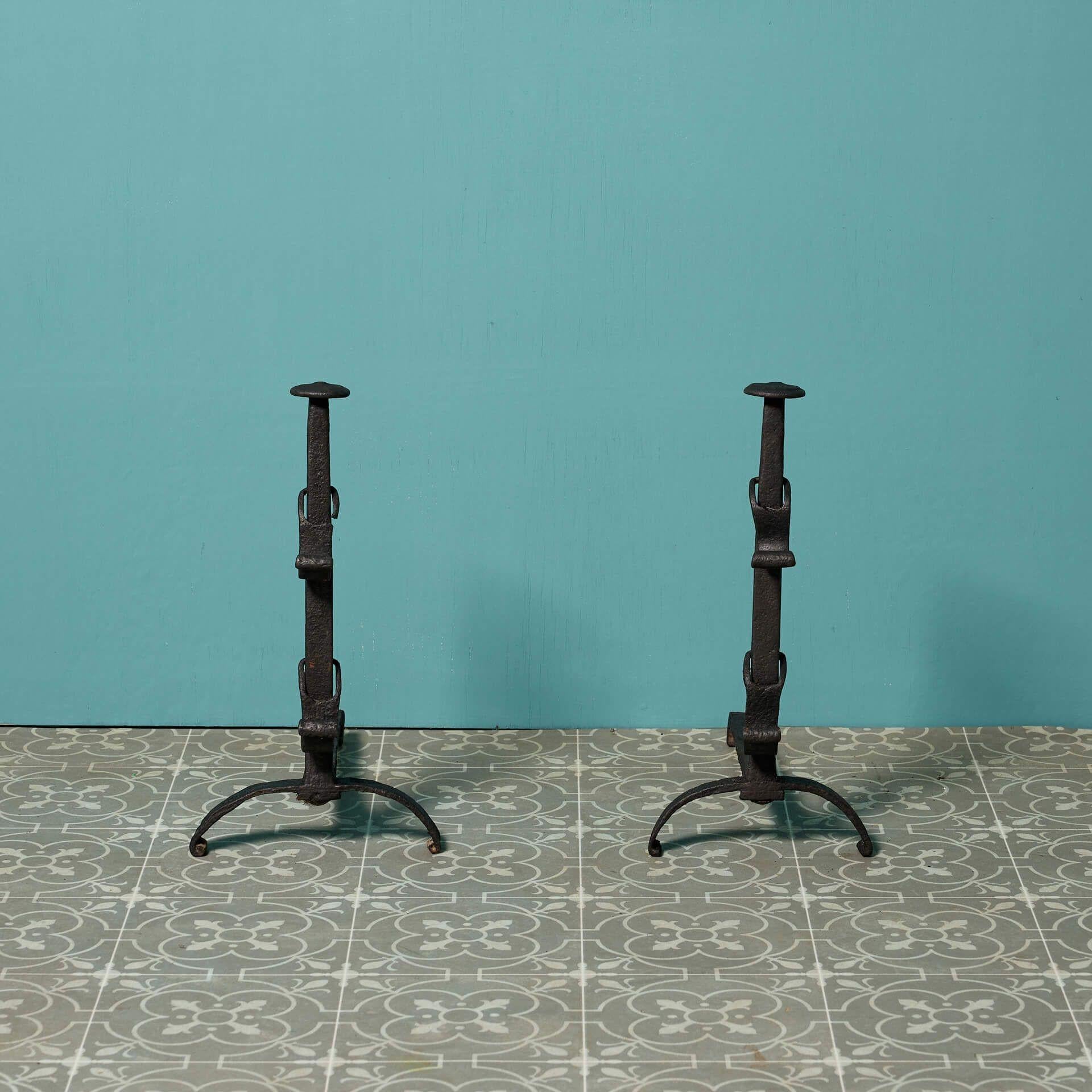 Hand-Crafted Pair of Antique Wrought Iron Fire Dogs For Sale