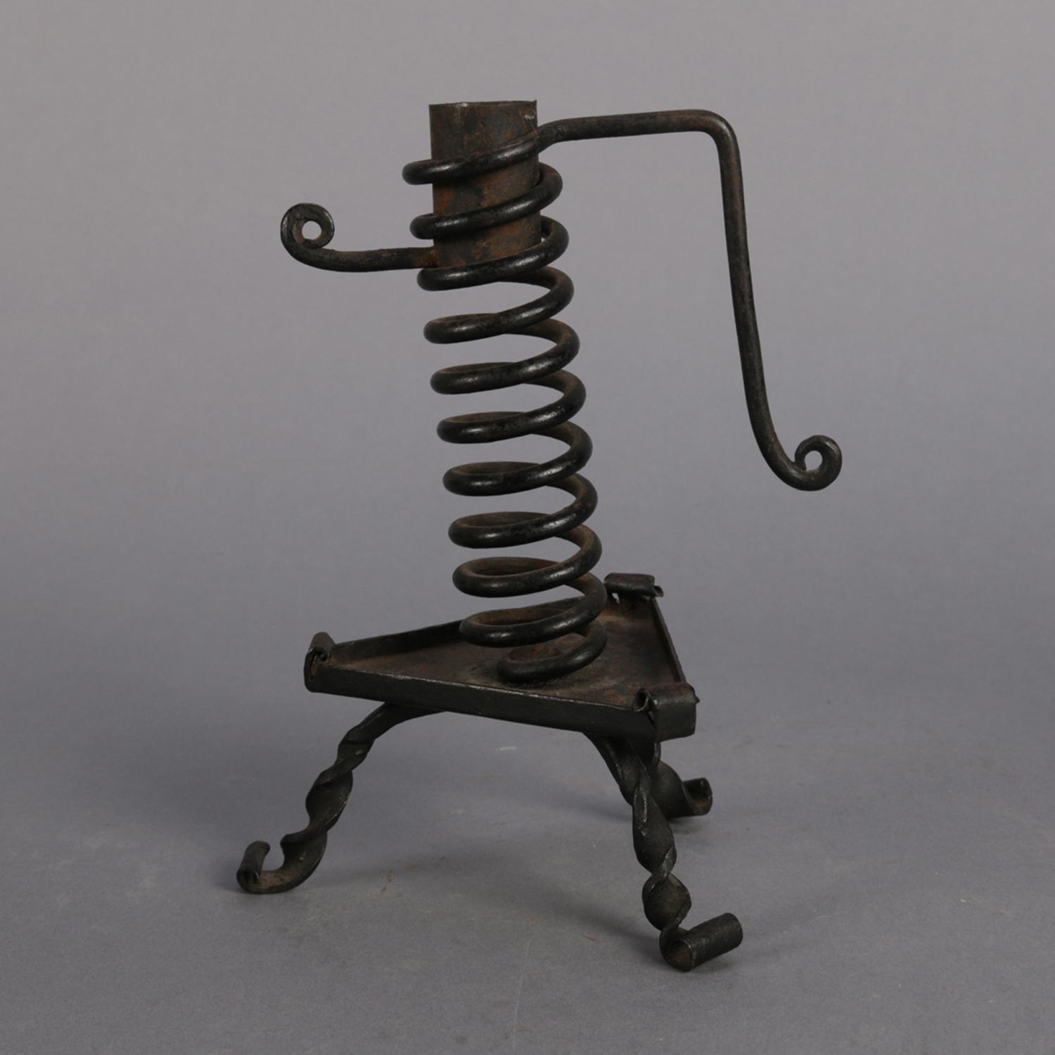 Pair of Antique Wrought Iron Hand Held Spiral Courting Candlesticks, circa 1830 In Good Condition In Big Flats, NY