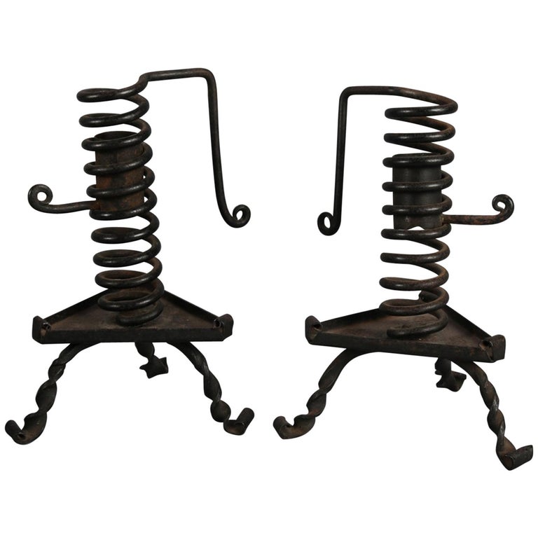 Pair of Antique Wrought Iron Hand Held Spiral Courting Candlesticks