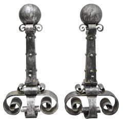Pair of Antique Wrought Iron Large Cannonball Gothic Fireplace Andirons