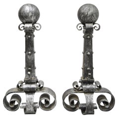 Pair of Antique Wrought Iron Large Cannonball Gothic Fireplace Andirons