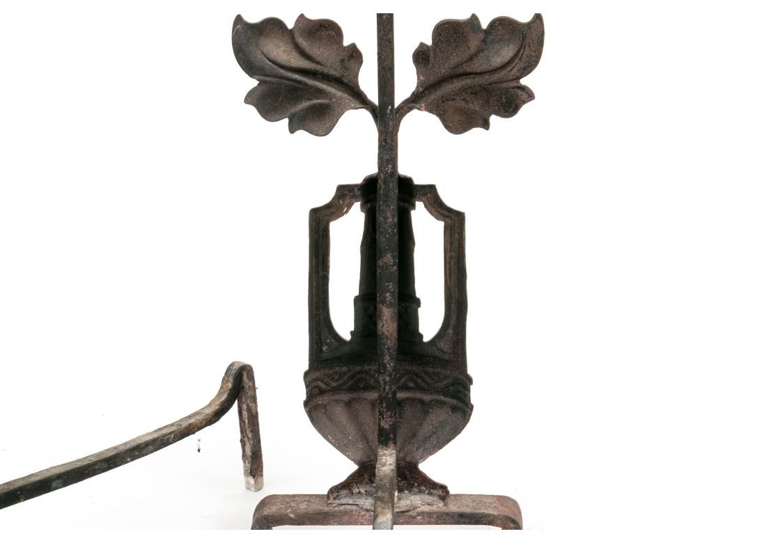 Arts and Crafts Pair Of Antique  Wrought Iron Sunflower Form Andirons