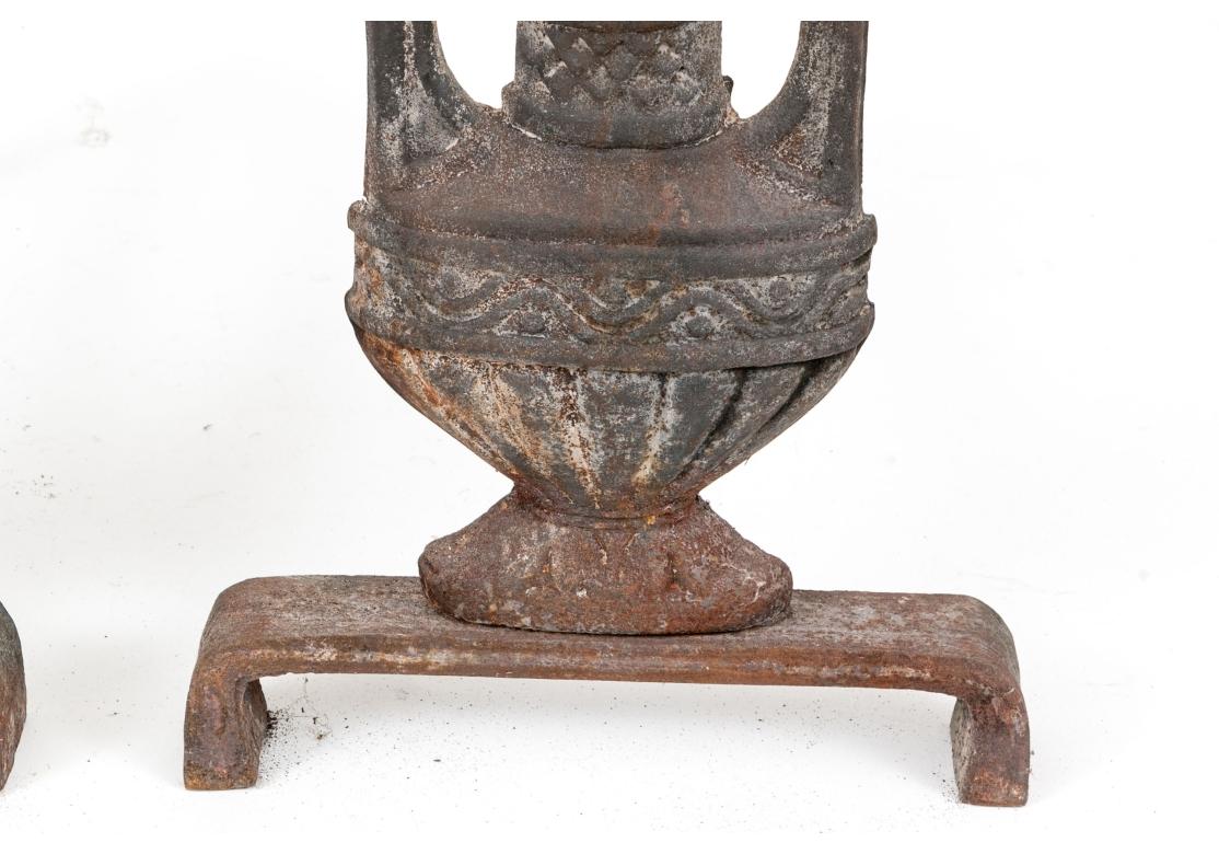 Pair Of Antique  Wrought Iron Sunflower Form Andirons In Fair Condition In Bridgeport, CT