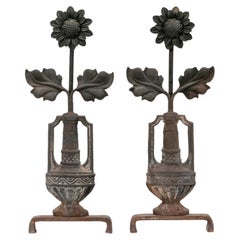 Pair Of Antique  Wrought Iron Sunflower Form Andirons