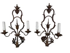 Pair of Antique Wrought Iron Two-Light Lamps