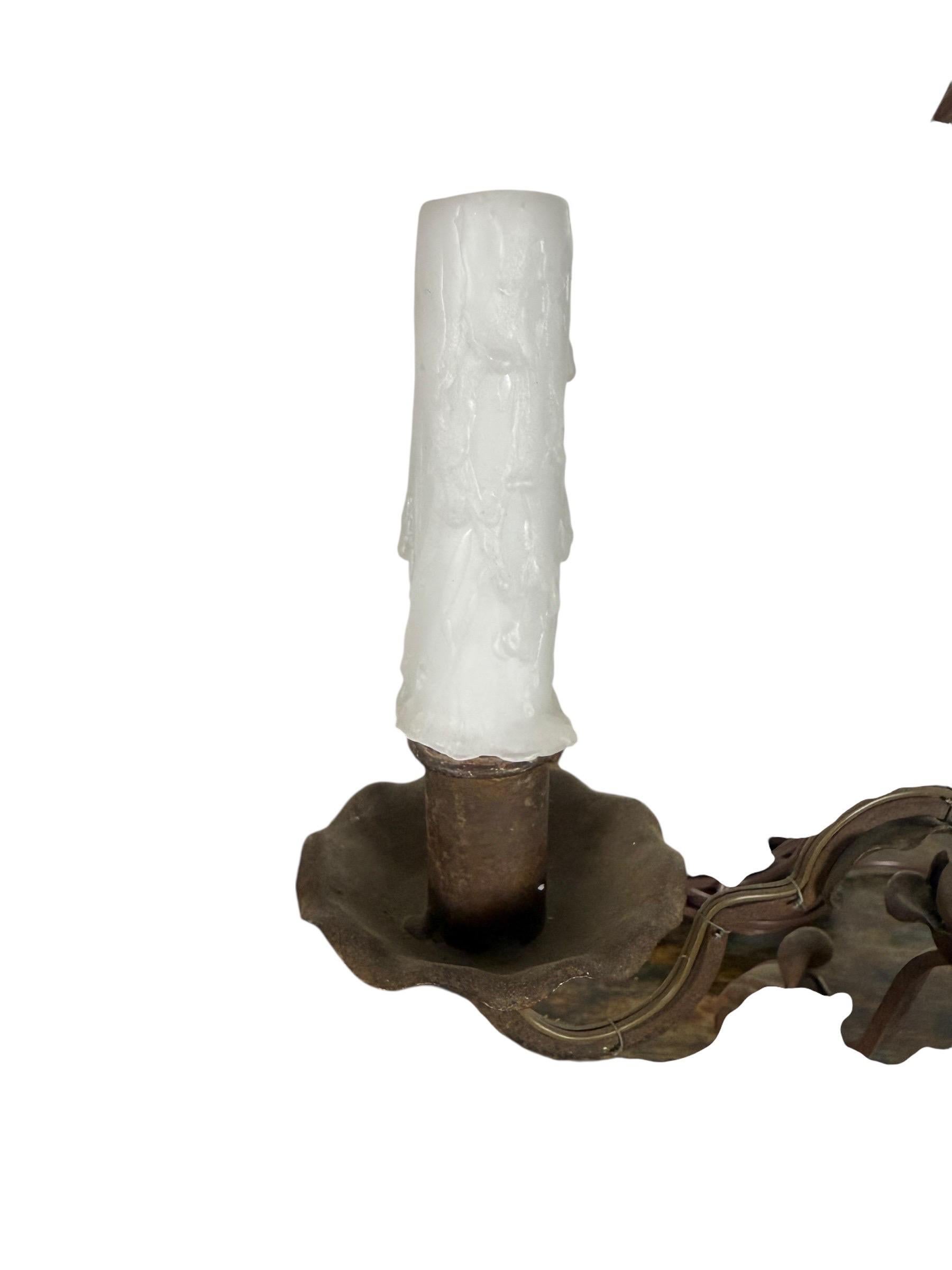 Colonial Revival Pair of Antique Wrought Iron Two-Light Lamps For Sale