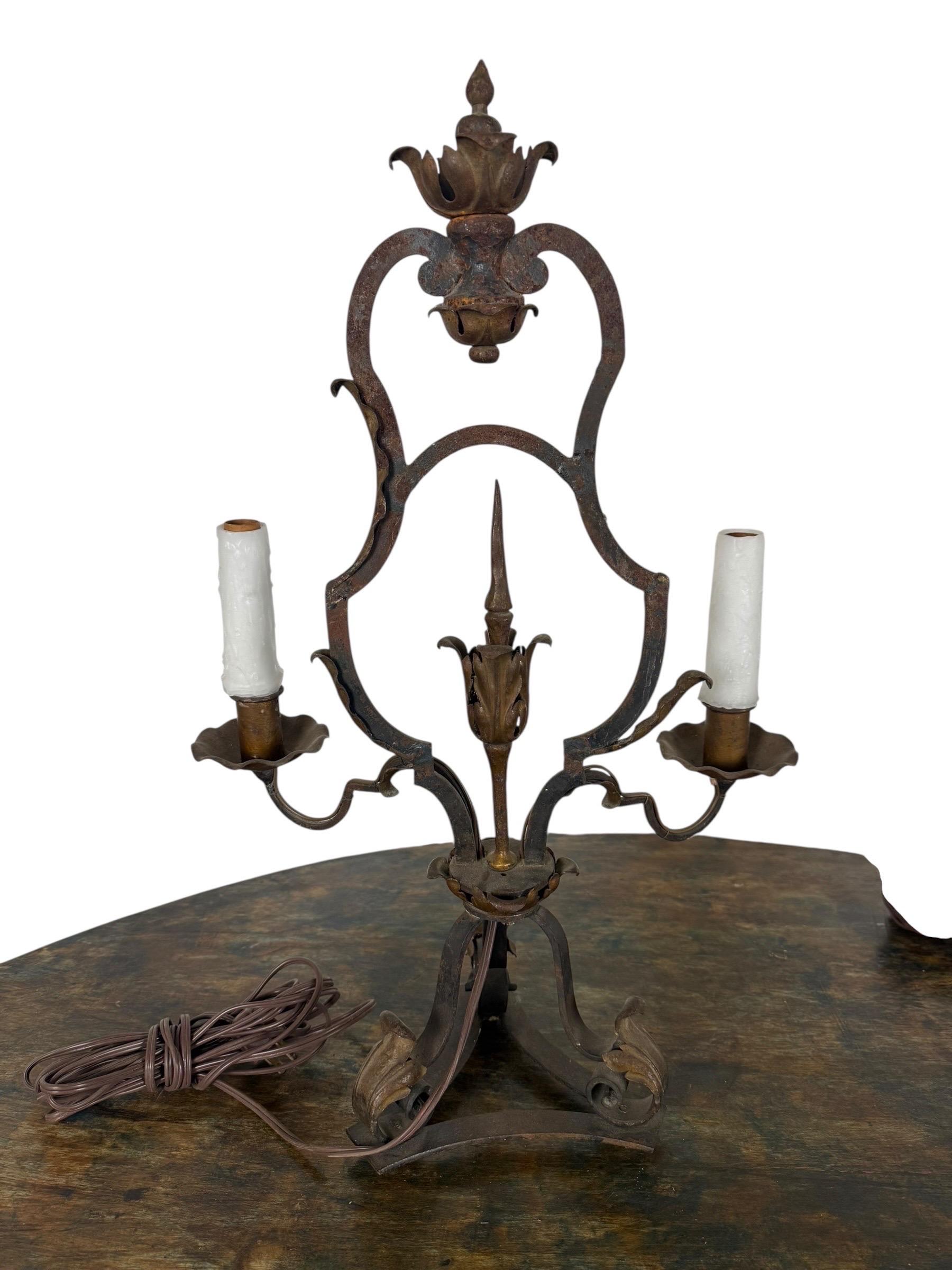Hand-Crafted Pair of Antique Wrought Iron Two-Light Lamps For Sale