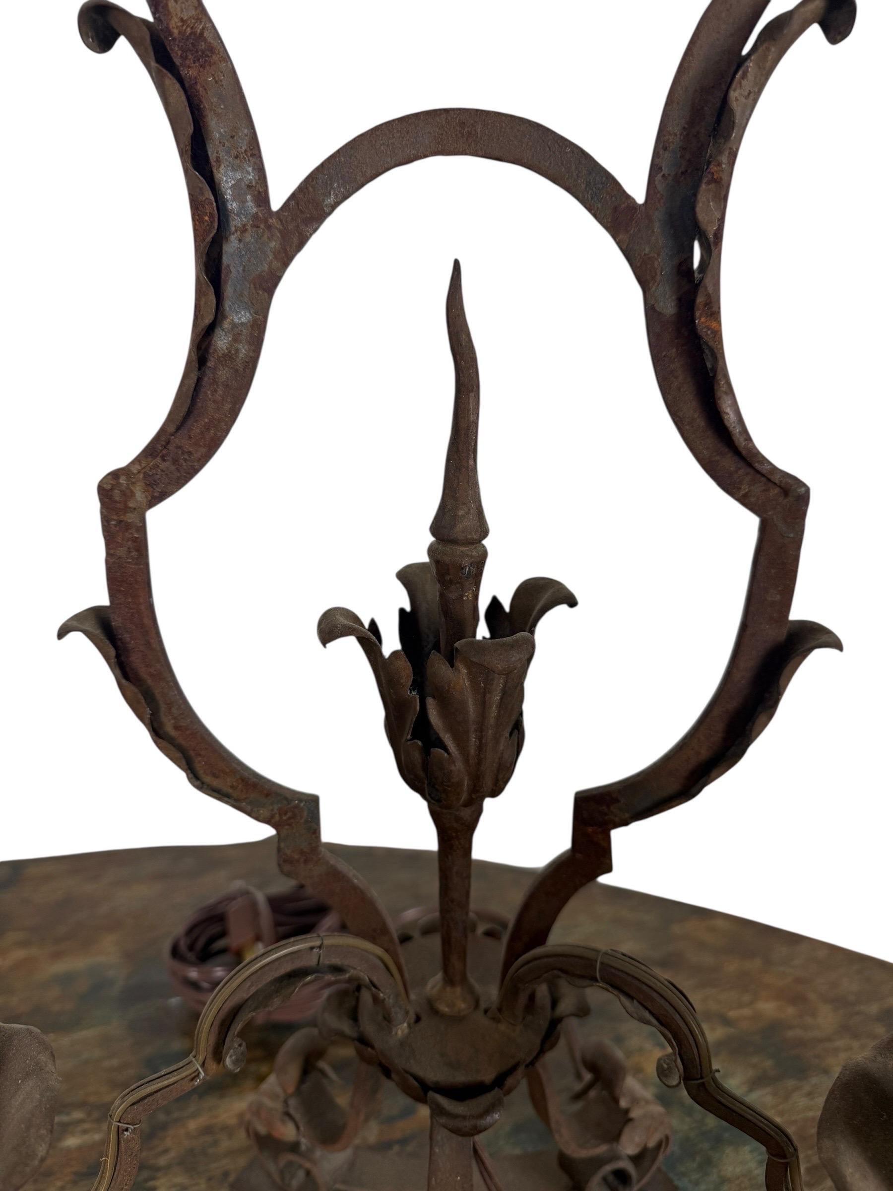 Pair of Antique Wrought Iron Two-Light Lamps In Good Condition For Sale In Los Angeles, CA