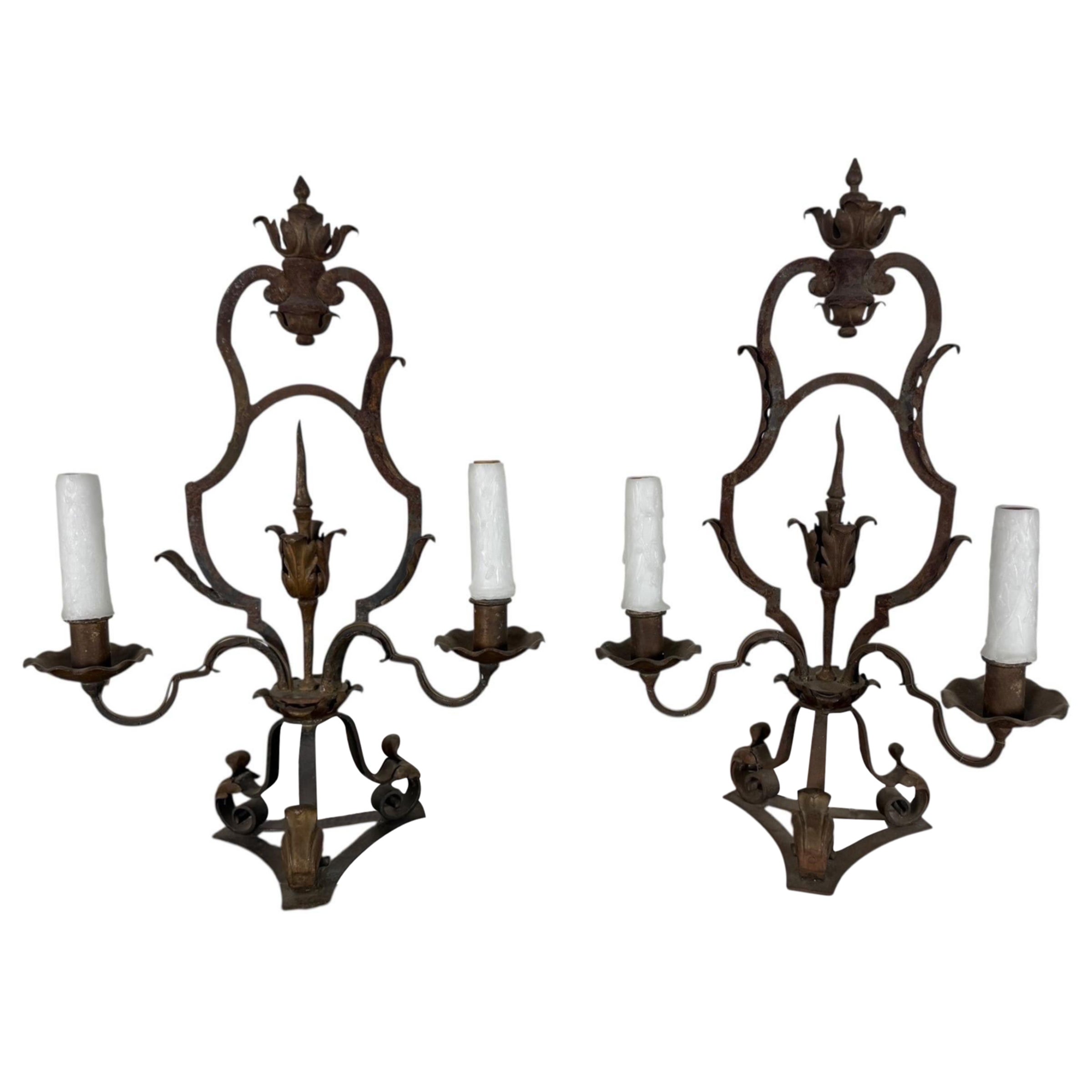 Pair of Antique Wrought Iron Two-Light Lamps For Sale