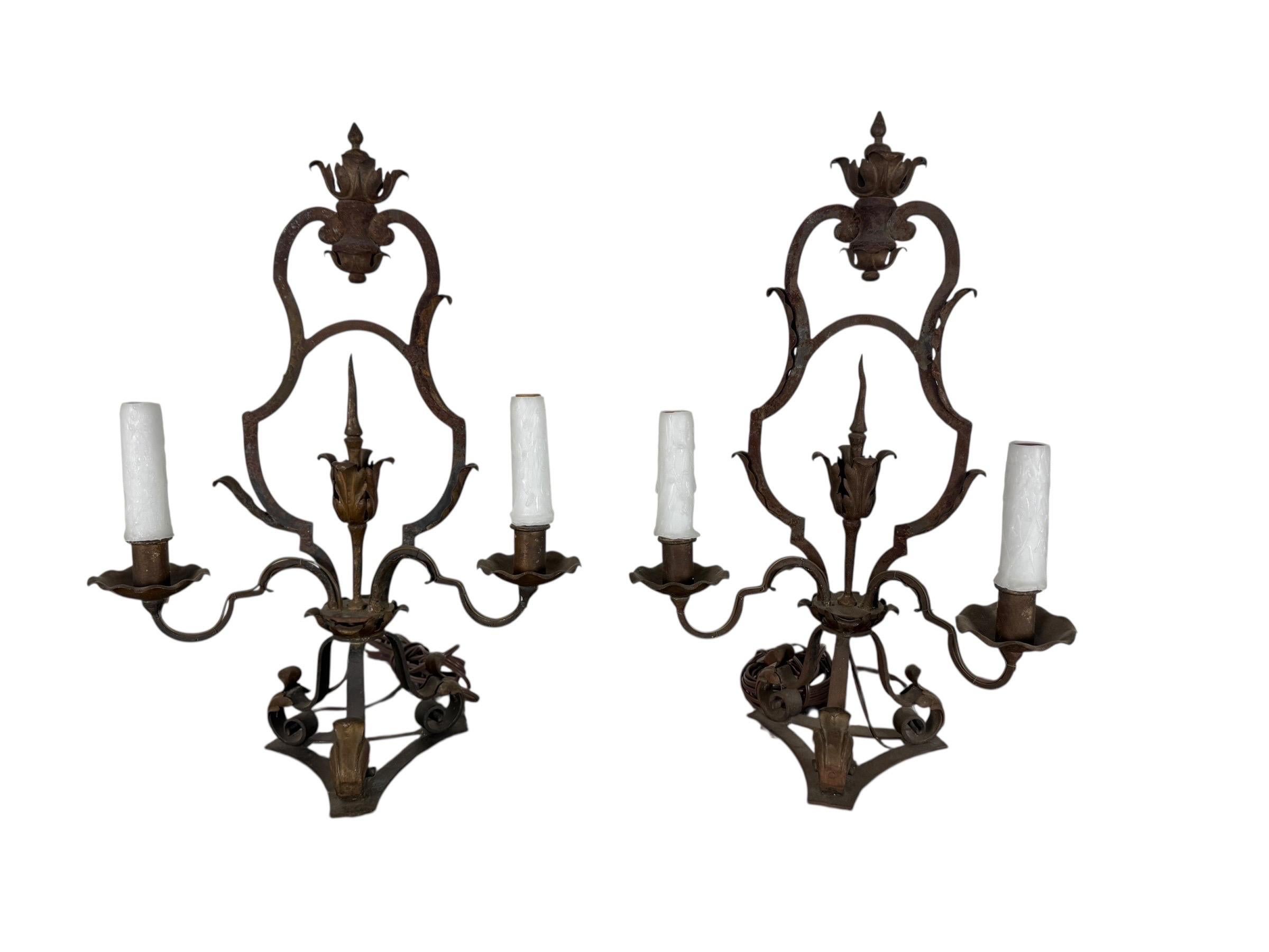 Pair of Antique Wrought Iron Two-Light Lamps