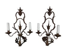 Pair of Antique Wrought Iron Two-Light Lamps