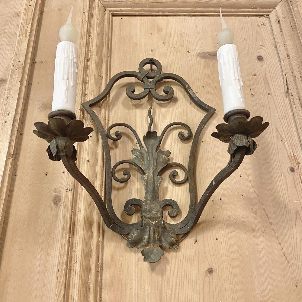 Pair of Antique Wrought Iron Wall Sconces, Electrified 2