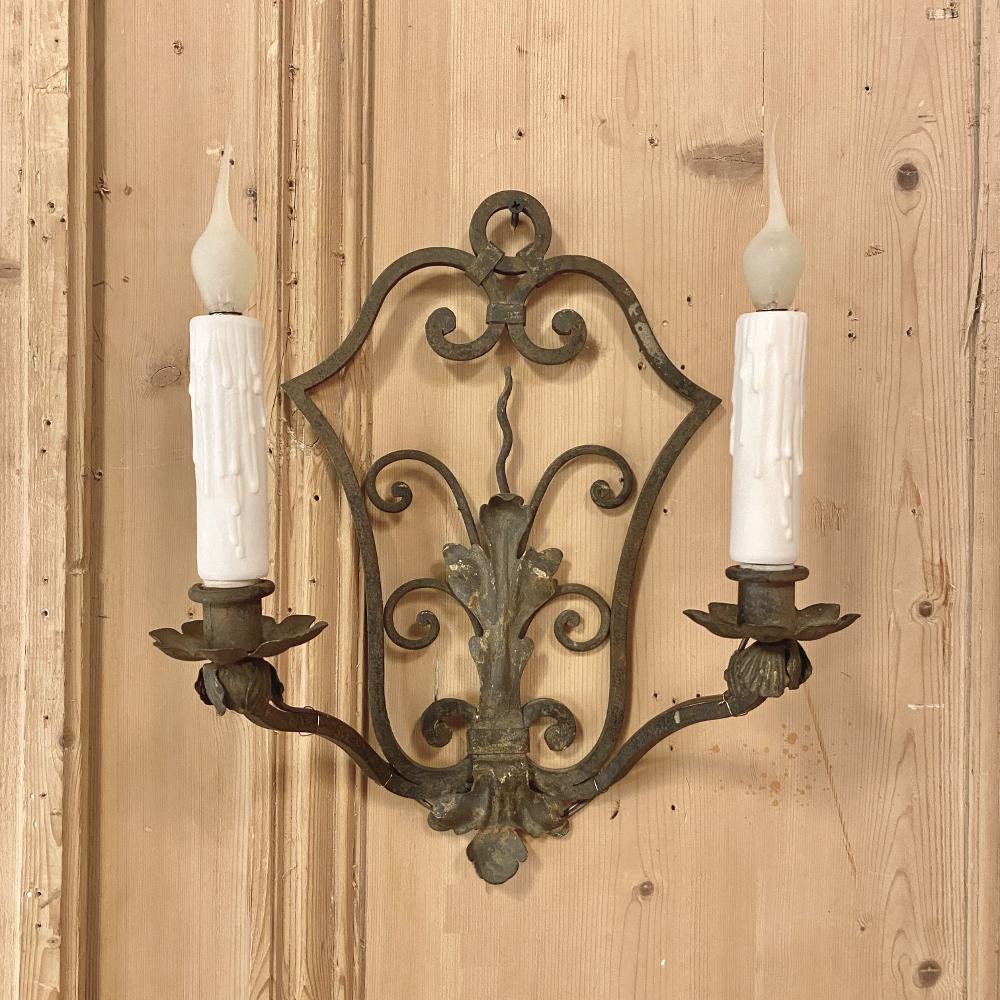 French Provincial Pair of Antique Wrought Iron Wall Sconces, Electrified