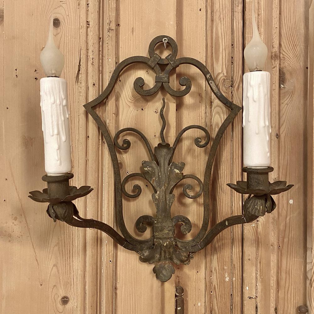 French Pair of Antique Wrought Iron Wall Sconces, Electrified
