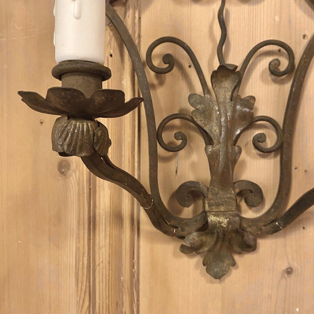 Hand-Crafted Pair of Antique Wrought Iron Wall Sconces, Electrified