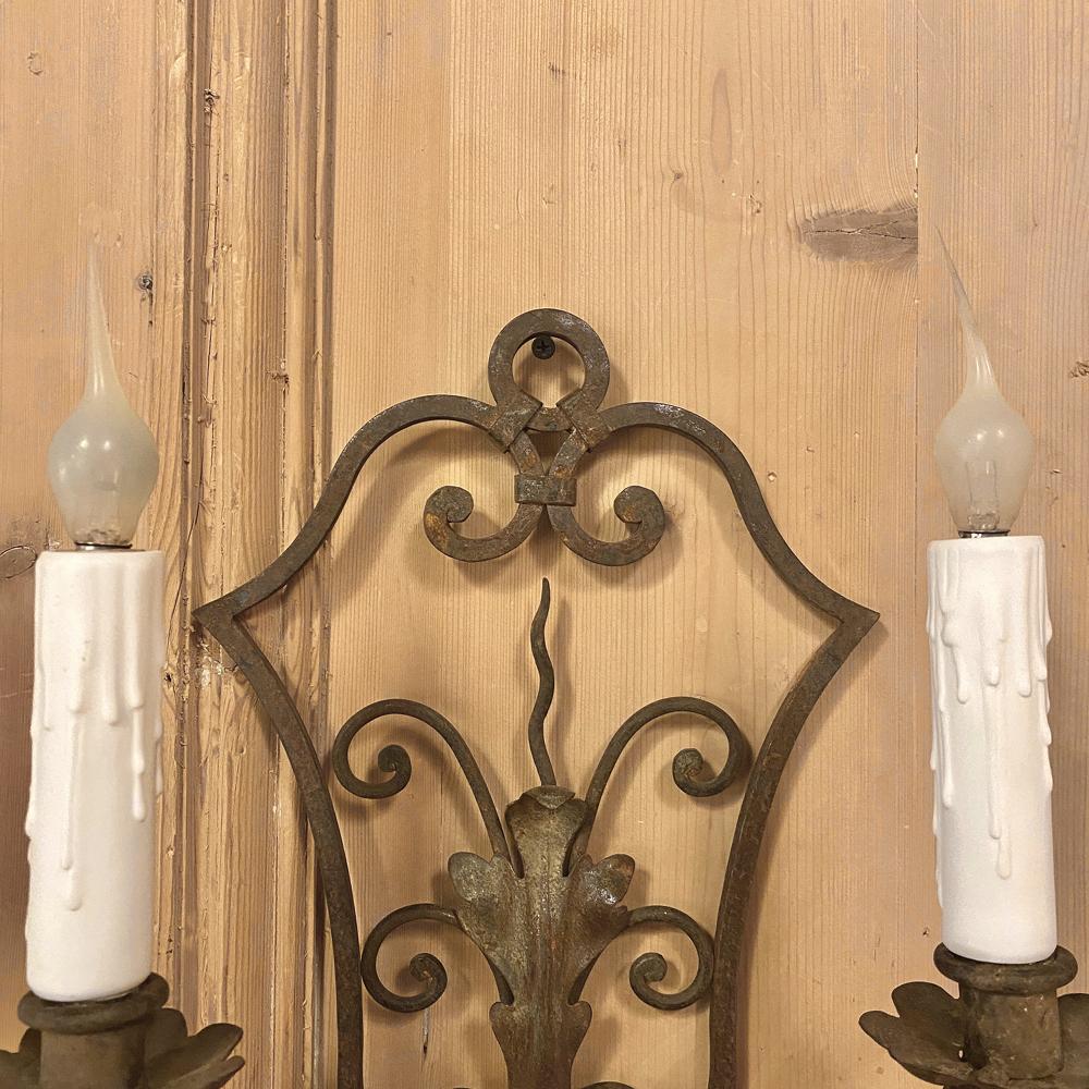 Pair of Antique Wrought Iron Wall Sconces, Electrified In Good Condition In Dallas, TX