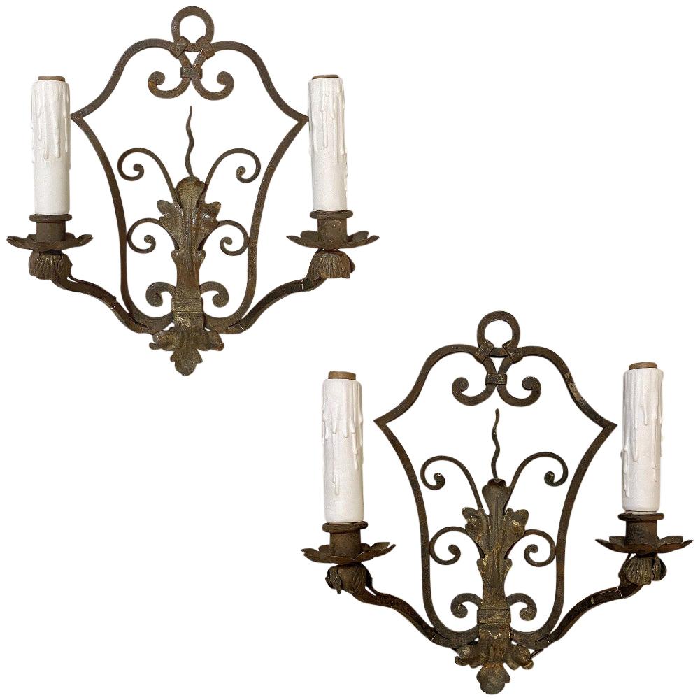 Pair of Antique Wrought Iron Wall Sconces, Electrified