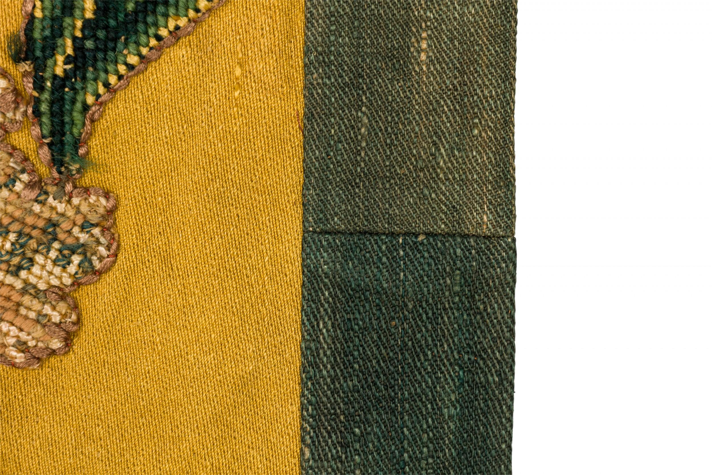 PAIR of French Victorian needlepoint tapestry wall hangings (bell pulls) with vertical floral designs against a bright yellow background with a dark green border and canvas backing, ending in a point and teal and gold tassels. (PRICED AS