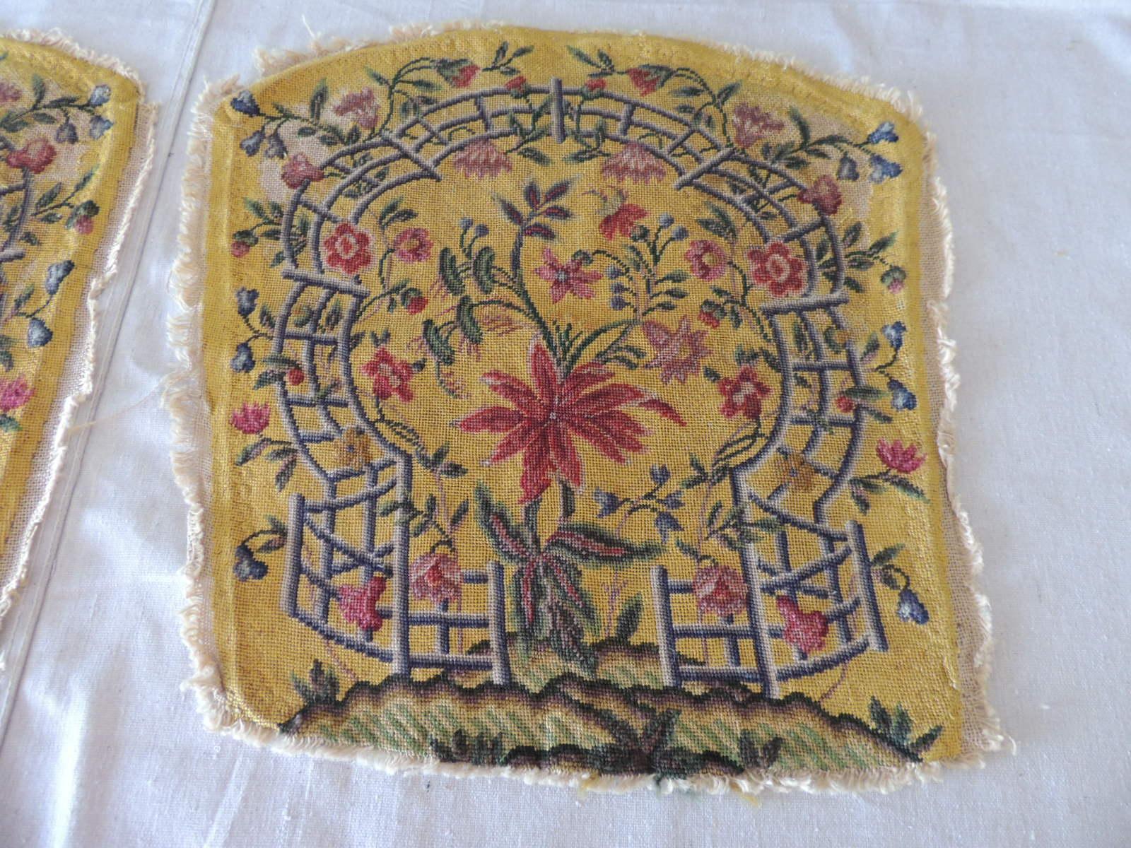 Pair of antique yellow and green petit point tapestry fragments.
Originally chair back covers.
Depicting arbor and tree of like pattern center.
In shades of yellow, green, red, orange, blue, pink and red.
Ideal for upholstery or pillows.
Size: