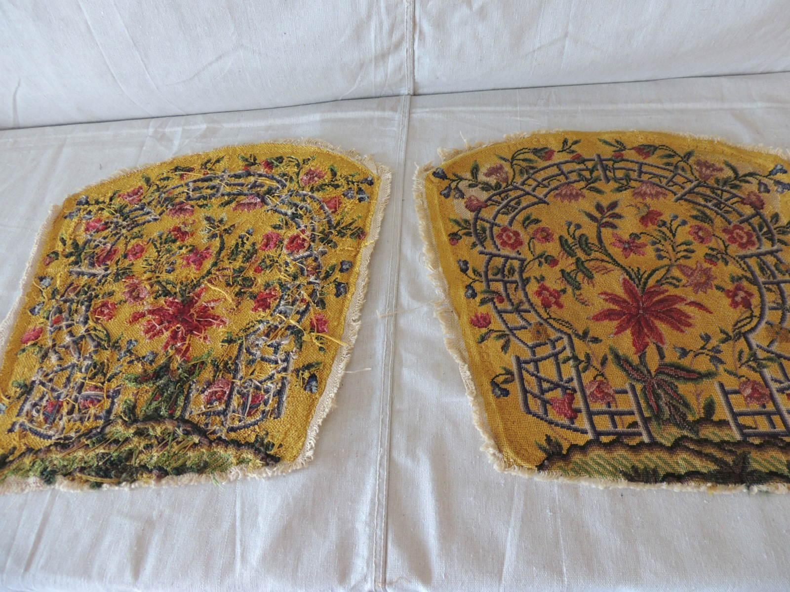 Pair of Antique Yellow and Green Petit Point Tapestry Fragments In Good Condition In Oakland Park, FL