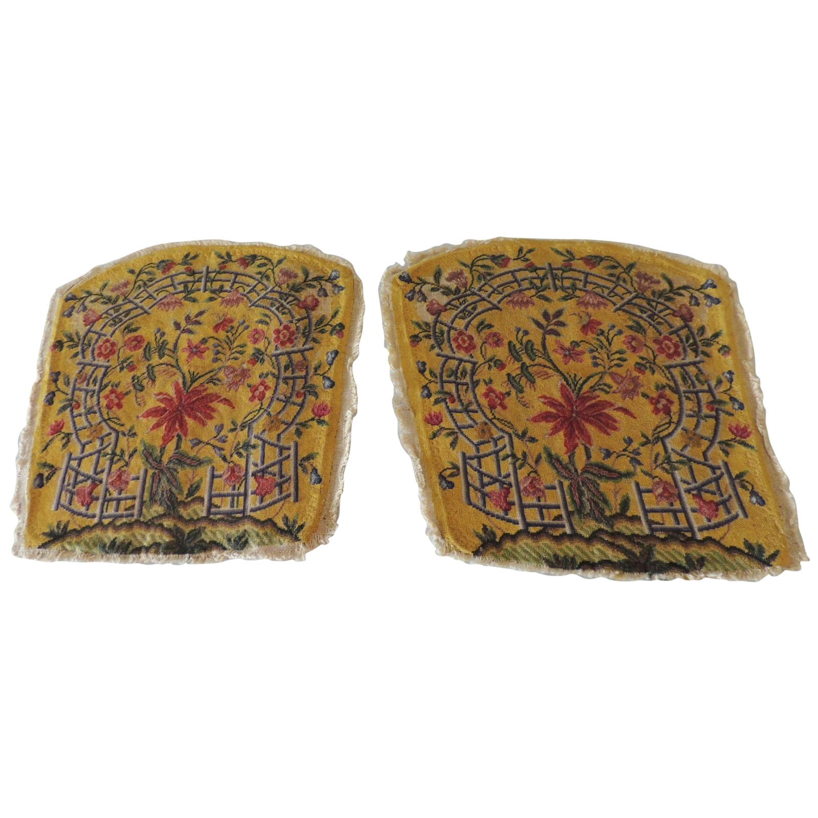 Pair of Antique Yellow and Green Petit Point Tapestry Fragments