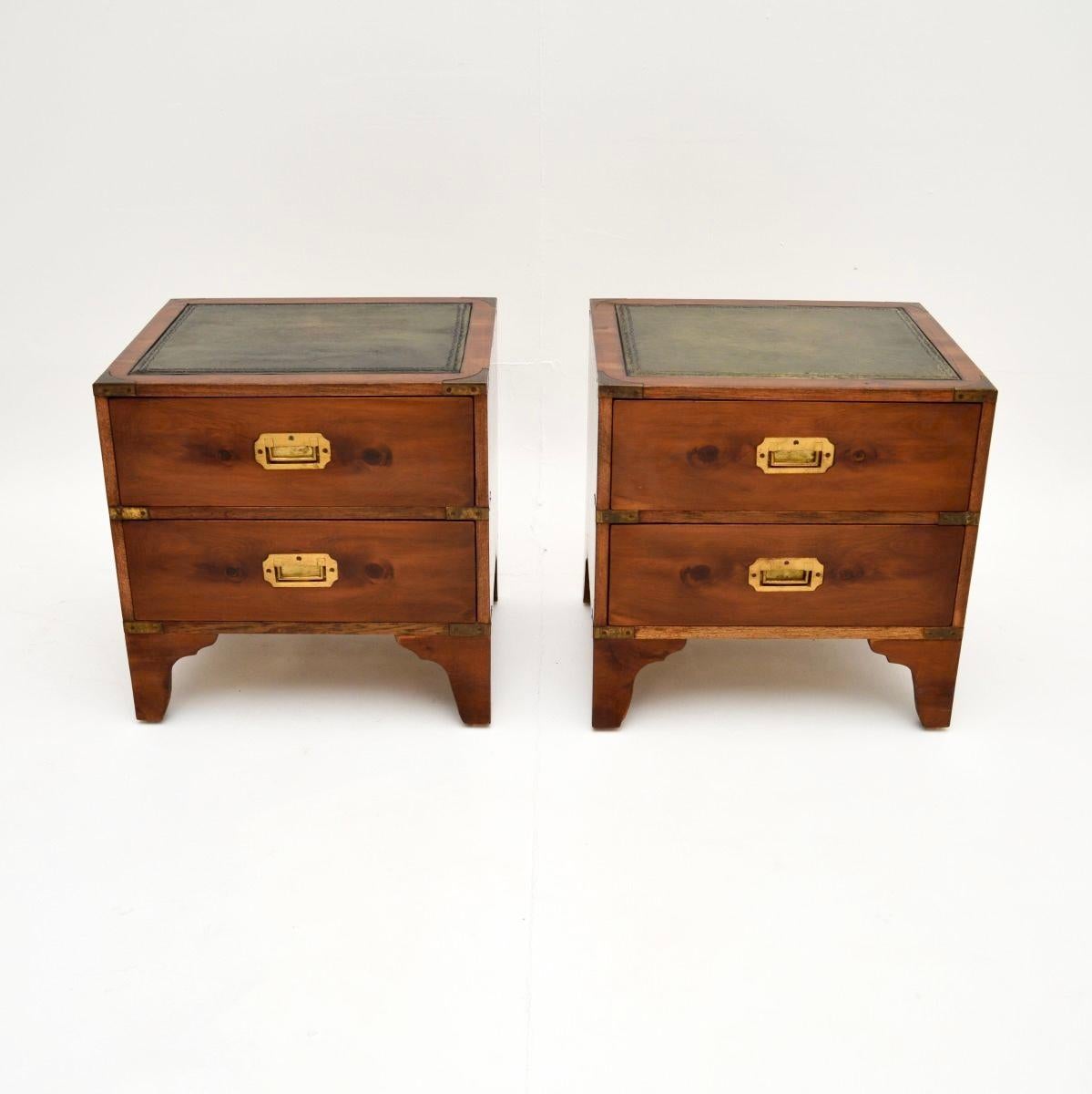 A wonderful pair of antique yew wood military campaign style bedside chests. They were made in England, and date from around the 1930’s.

They are of superb quality and are a lovely size, perfect for use as bedside chests or even as side tables in a