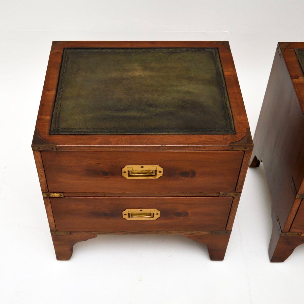 Leather Pair of Antique Yew Wood Military Campaign Style Bedside Chests For Sale