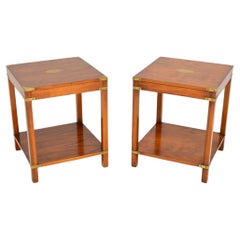 Pair of Antique Yew Wood Military Campaign Style Side Tables