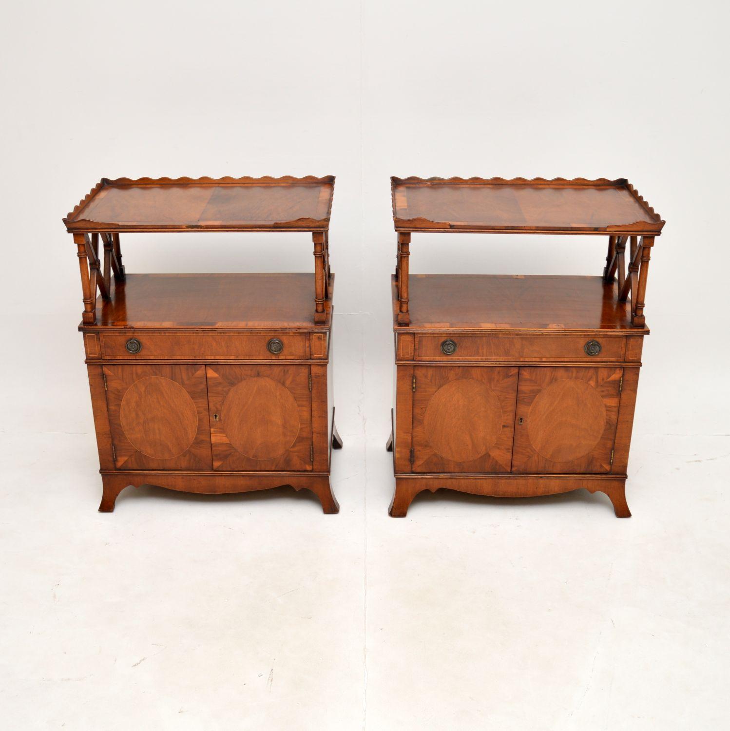 A fantastic pair of antique yew wood side cabinets. They were made in England, they date from around the 1920’s.

The quality is outstanding, they are beautifully designed and are a useful size to be used as bedside cabinets or occasional side