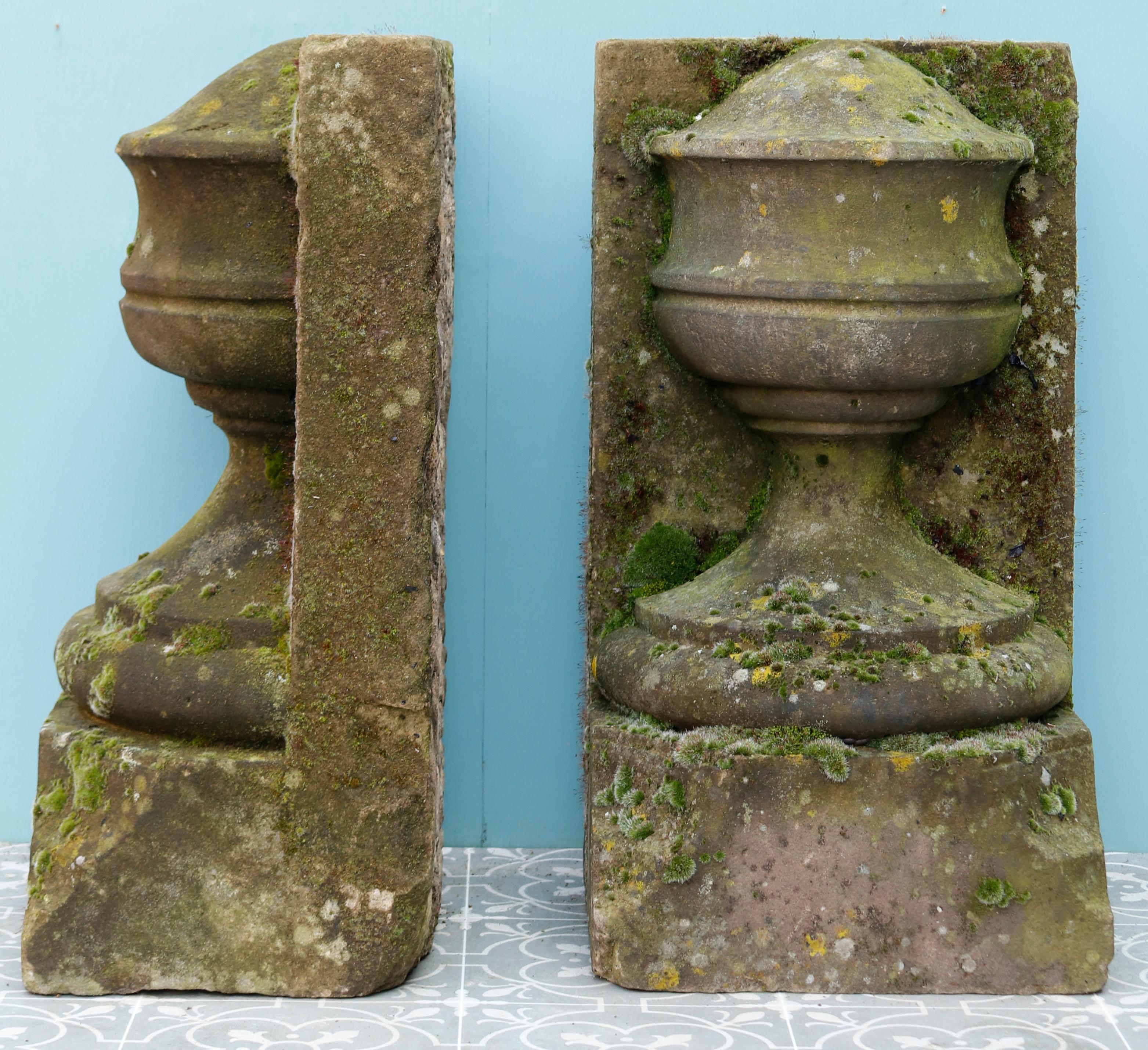 Pair of weathered York Stone urn stop Finials.