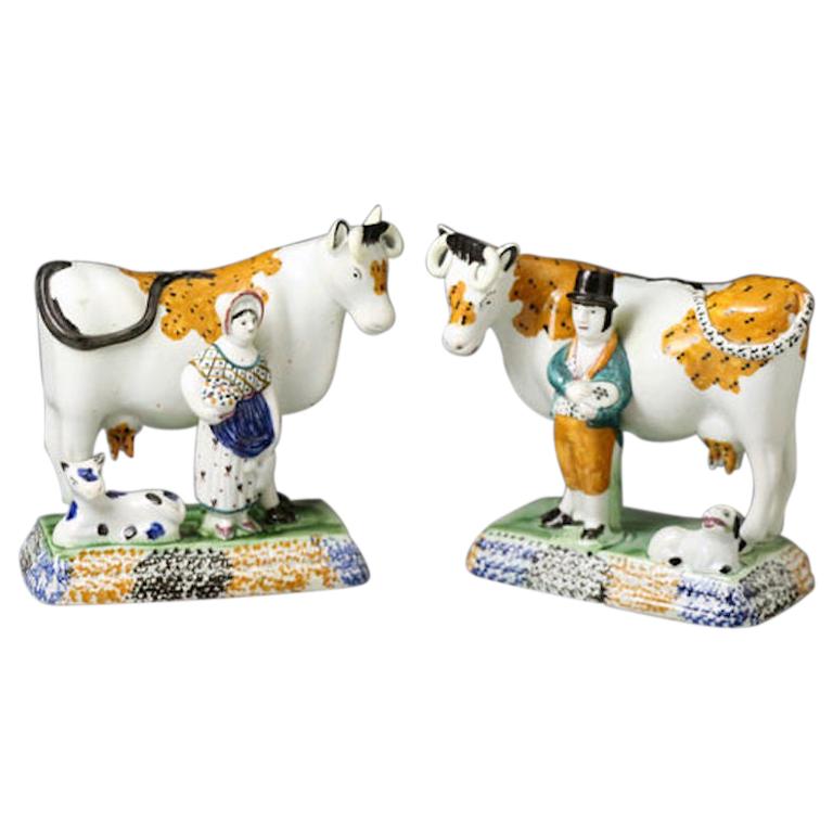 Pair of Antique Yorkshire Pottery Prattware Cows from Mexborough Pottery For Sale