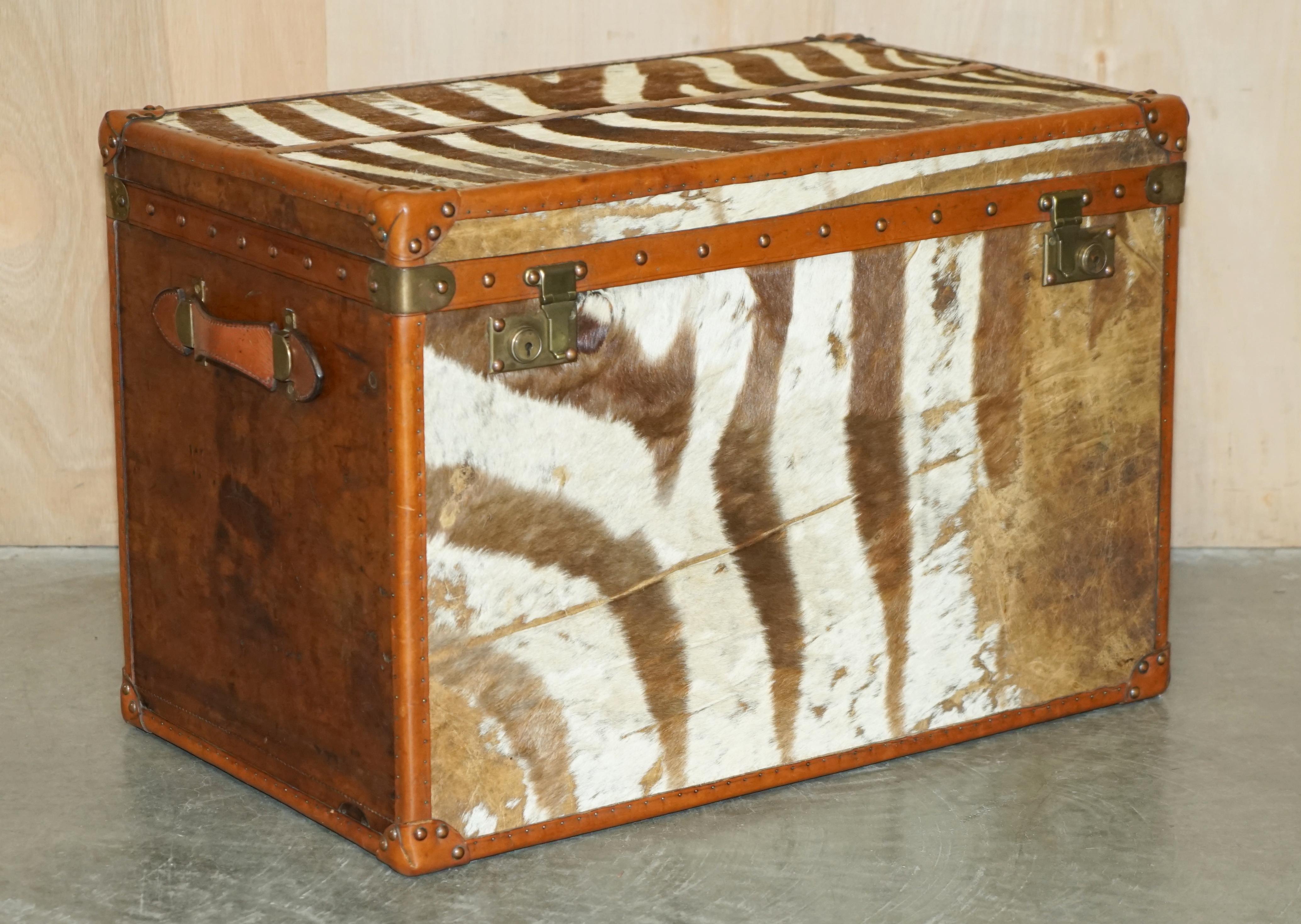 PAiR OF ANTIQUE ZEBRA SKIN & LEATHER UPHOLSTERED STEAMER TRUNKS CHESTS TABLES 7