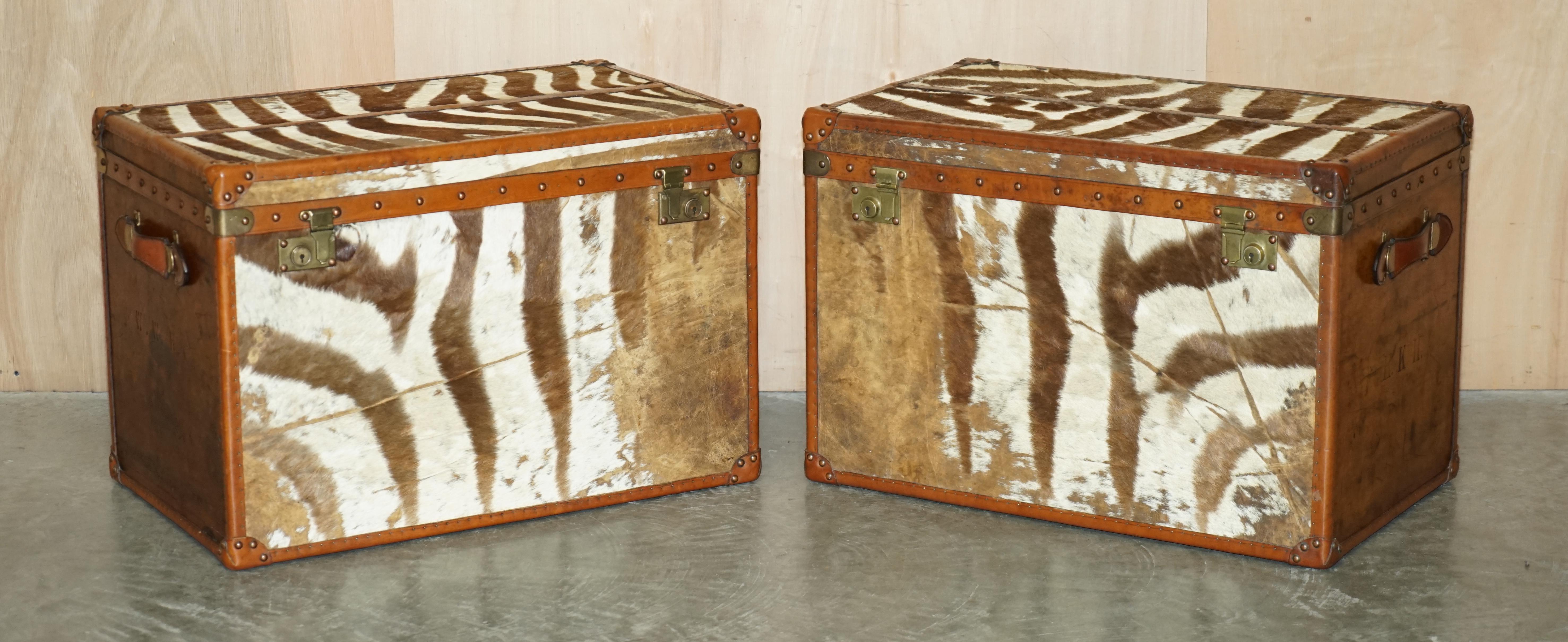 Royal House Antiques

Royal House Antiques is delighted to offer for sale this exquisite and super rare pair of Zebra skin & brown Leather upholstered steamer trunks circa 1920

Please note the delivery fee listed is just a guide, it covers within
