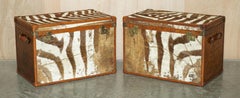PAiR OF ANTIQUE ZEBRA SKIN & LEATHER UPHOLSTERED STEAMER TRUNKS CHESTS TABLES