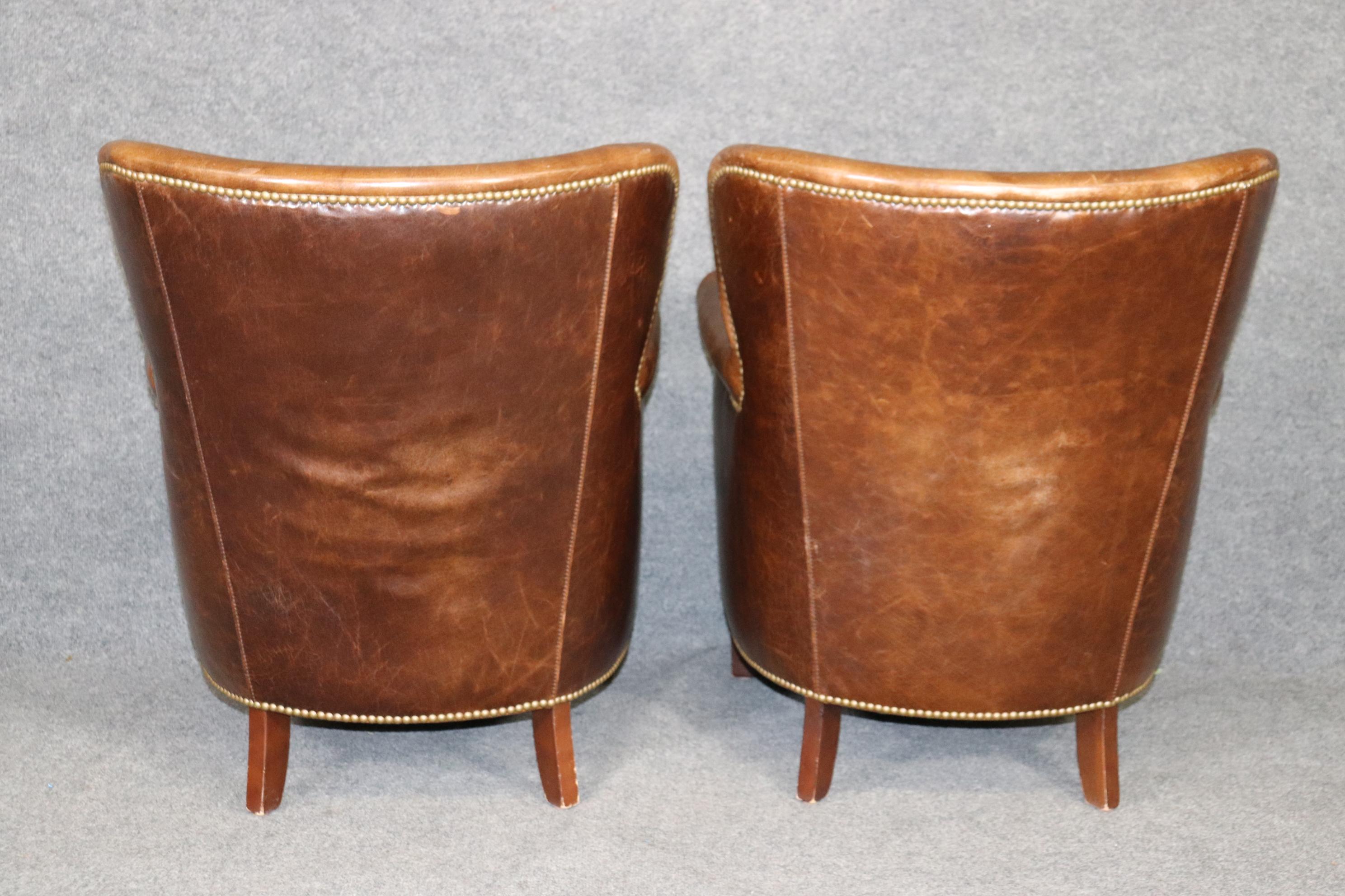 American Pair of Antiqued Aged Leather English Georgian Pub Style Club Lounge Chairs