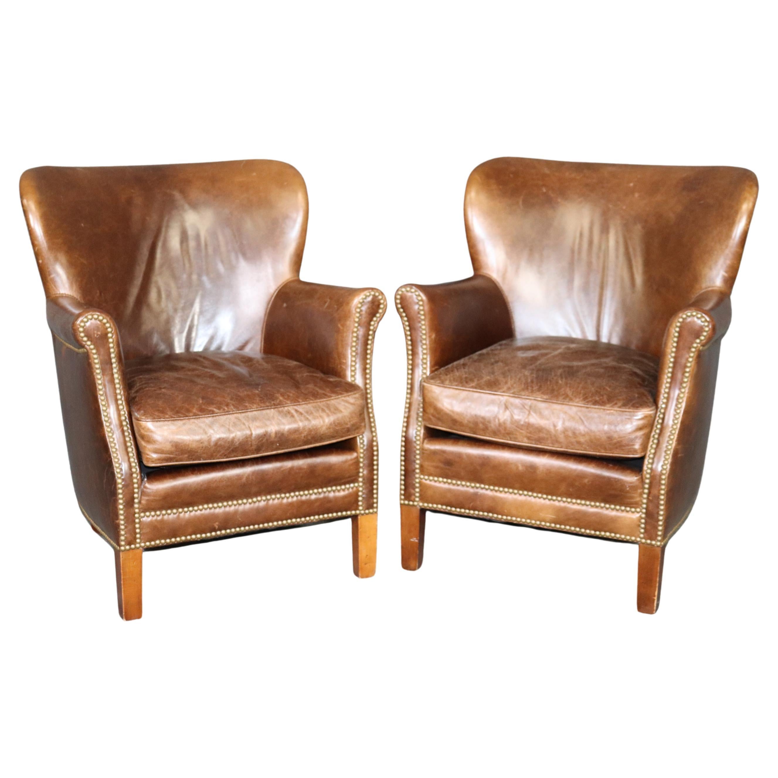 Pair of Antiqued Aged Leather English Georgian Pub Style Club Lounge Chairs