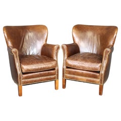 Vintage Pair of Antiqued Aged Leather English Georgian Pub Style Club Lounge Chairs