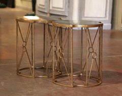 Pair of Antiqued Brass and Smoked Mirrored Glass Side Tables