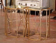 Pair of Antiqued Brass and Smoked Mirrored Glass Side Tables