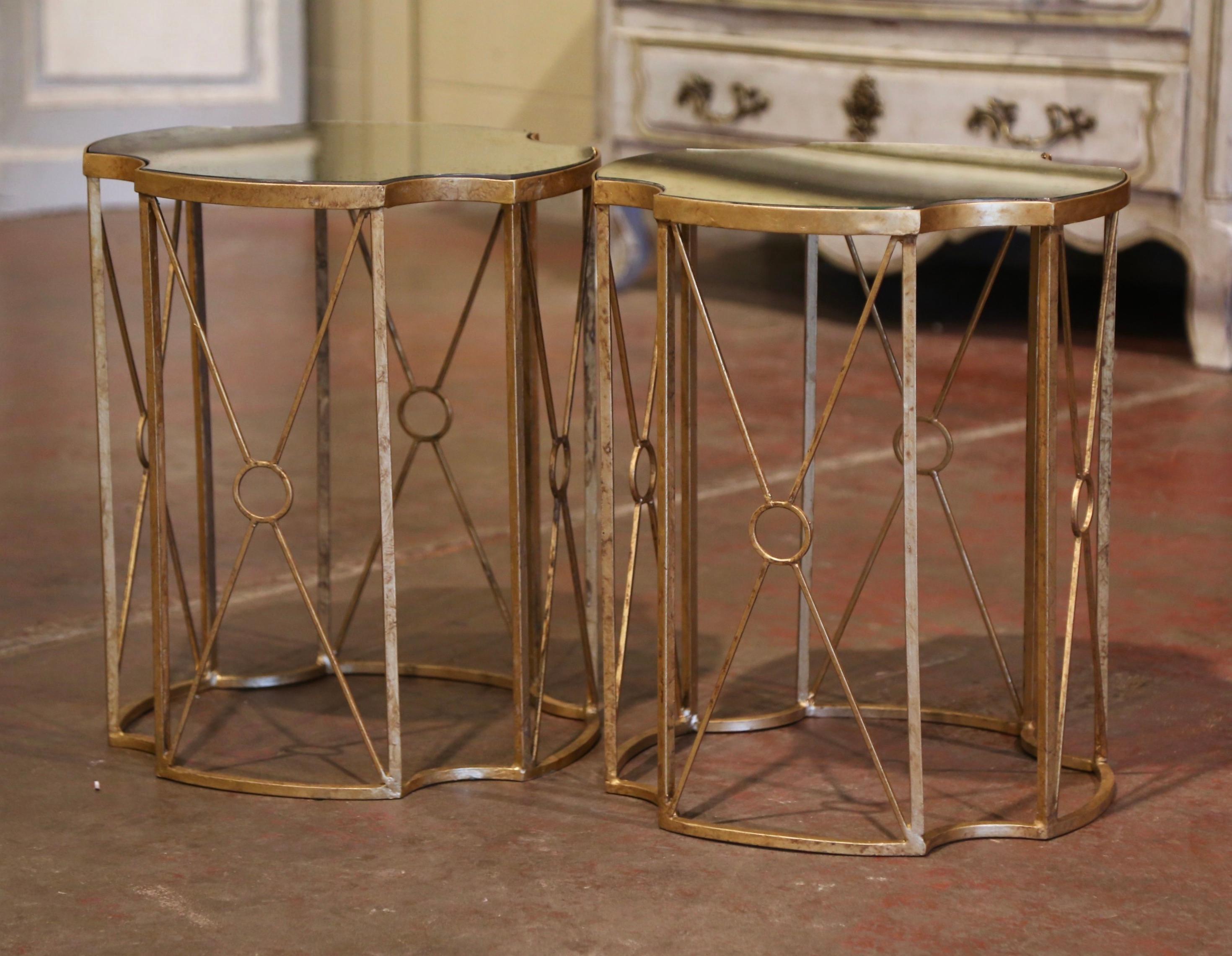 Patinated Pair of Antiqued Brass and Smoked Mirrored Glass Side Tables