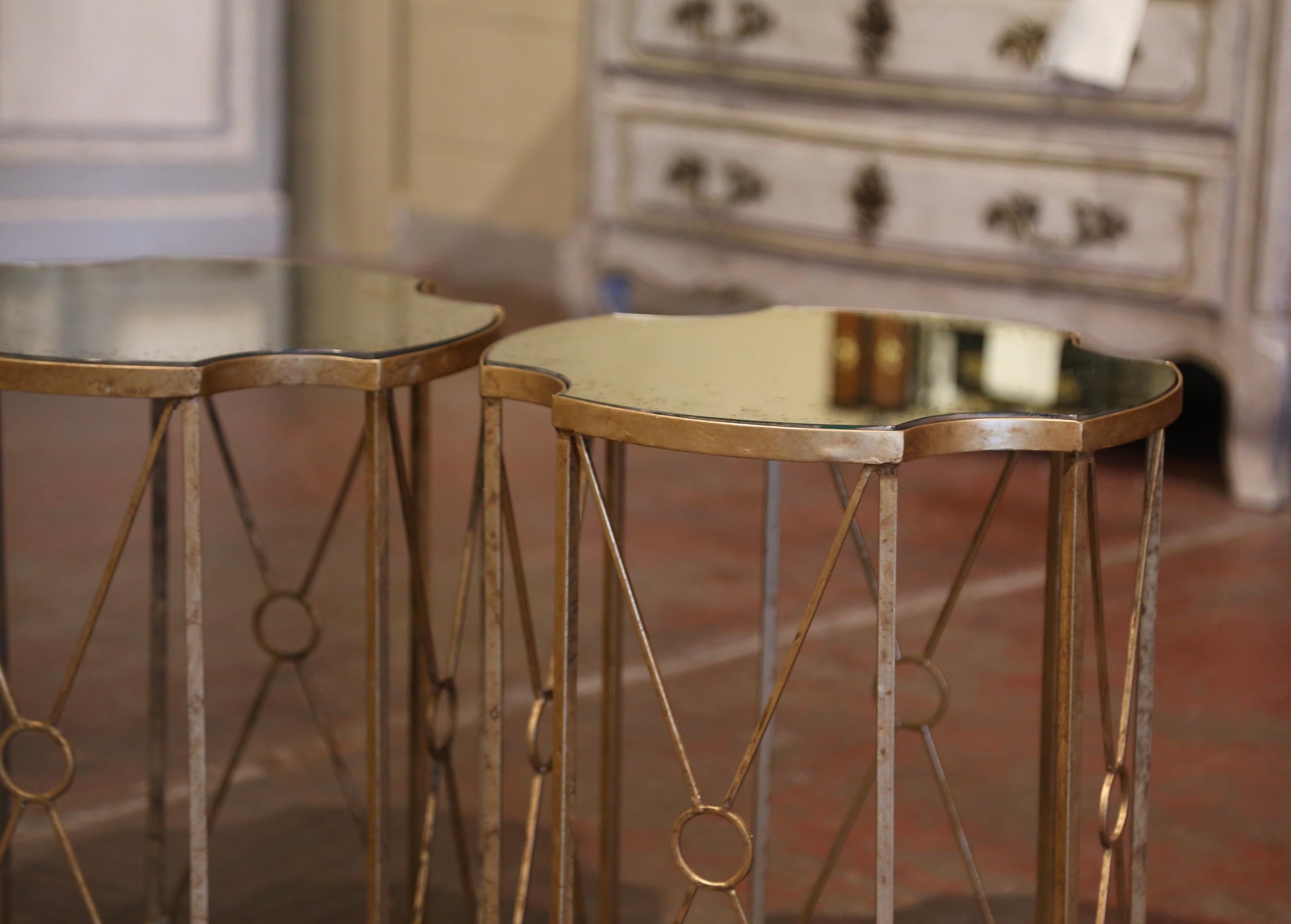 Contemporary Pair of Antiqued Brass and Smoked Mirrored Glass Side Tables