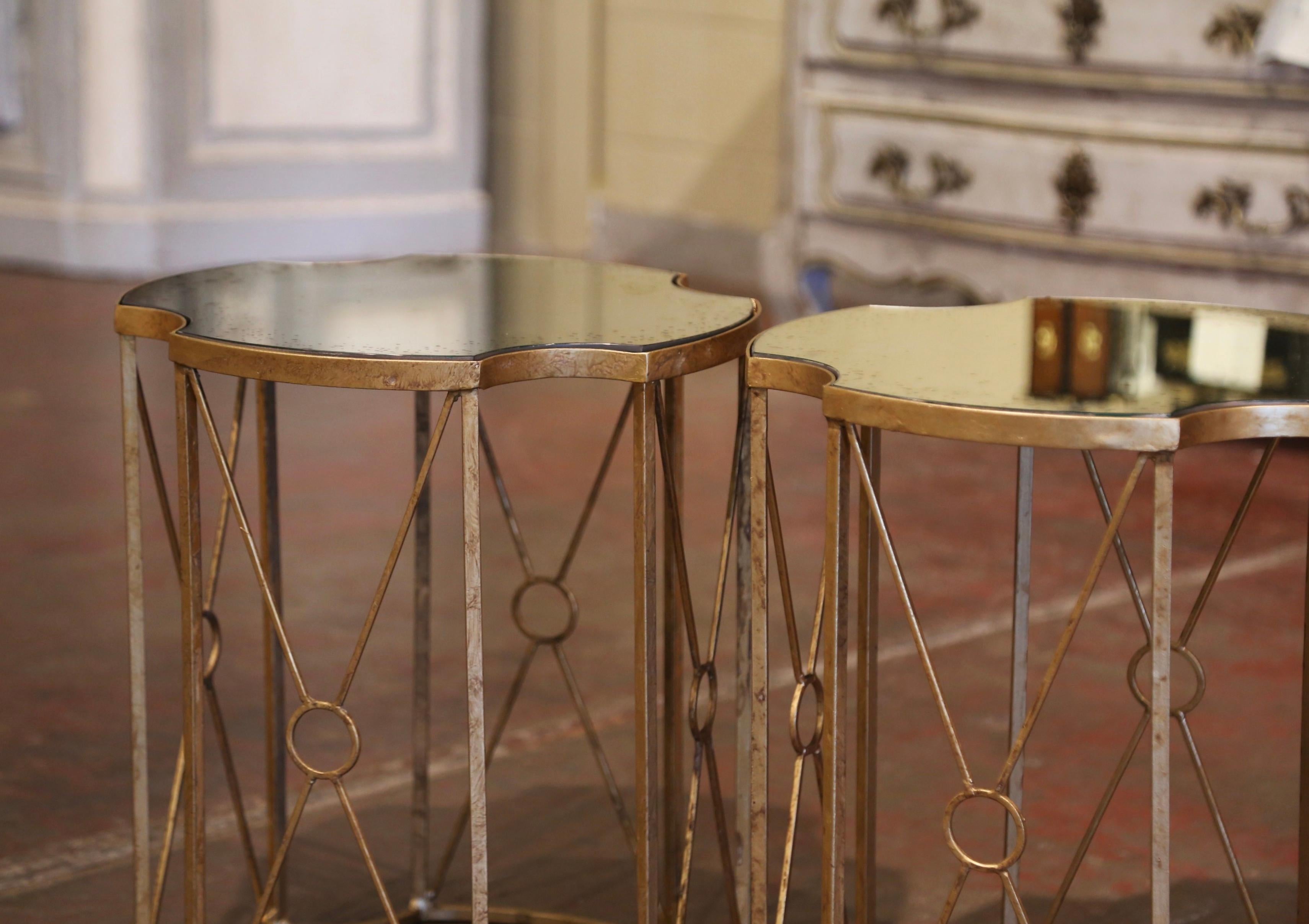 Pair of Antiqued Brass and Smoked Mirrored Glass Side Tables 1