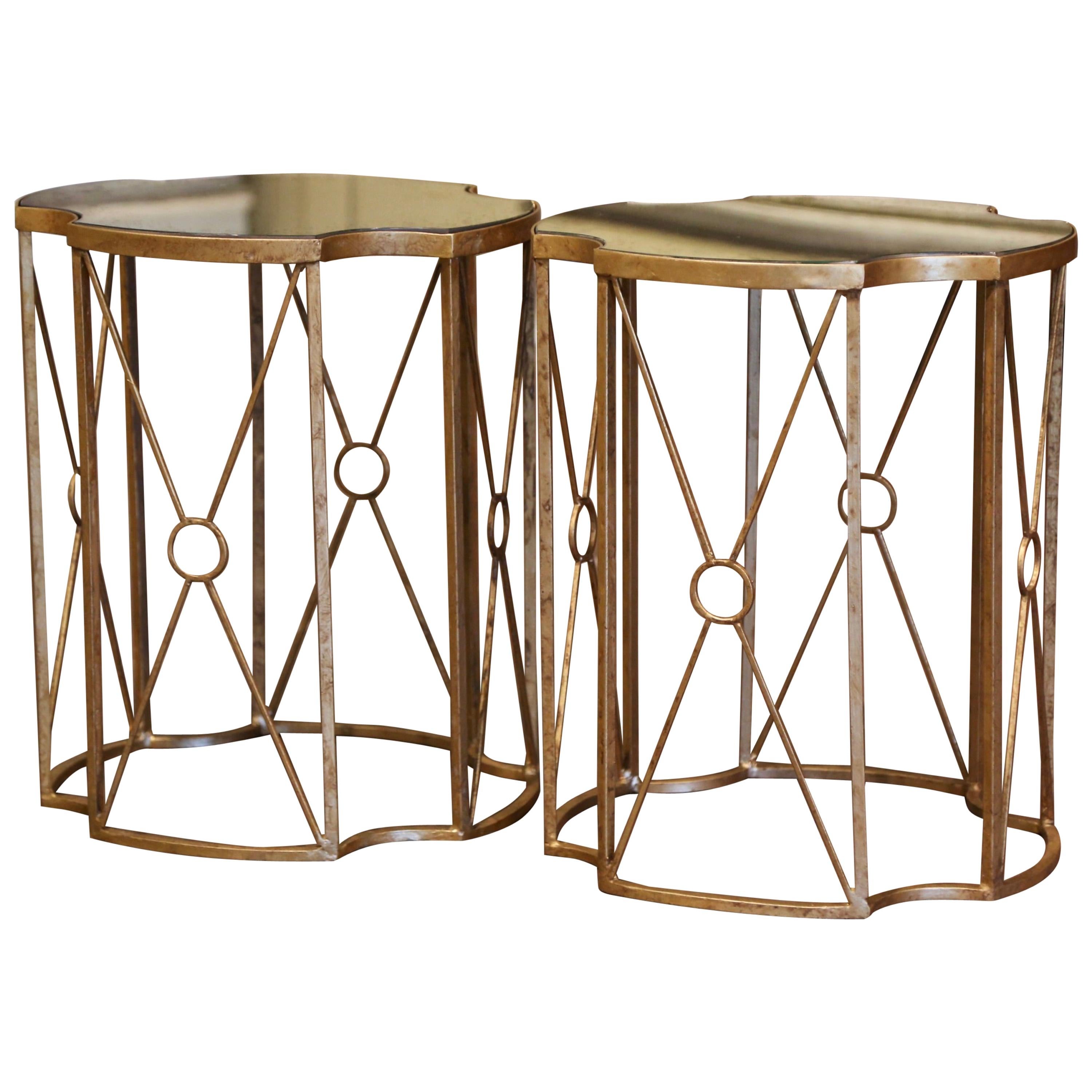 Pair of Antiqued Brass and Smoked Mirrored Glass Side Tables