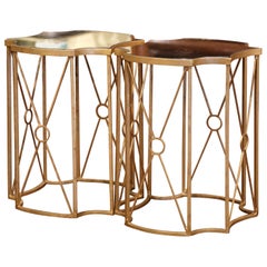Pair of Antiqued Brass and Smoked Mirrored Glass Side Tables