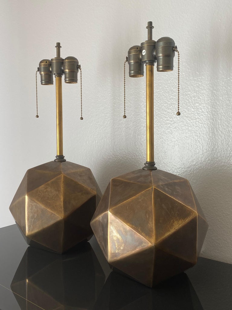 Pair of Antiqued Brass Geometric Lamps by Westwood at 1stDibs