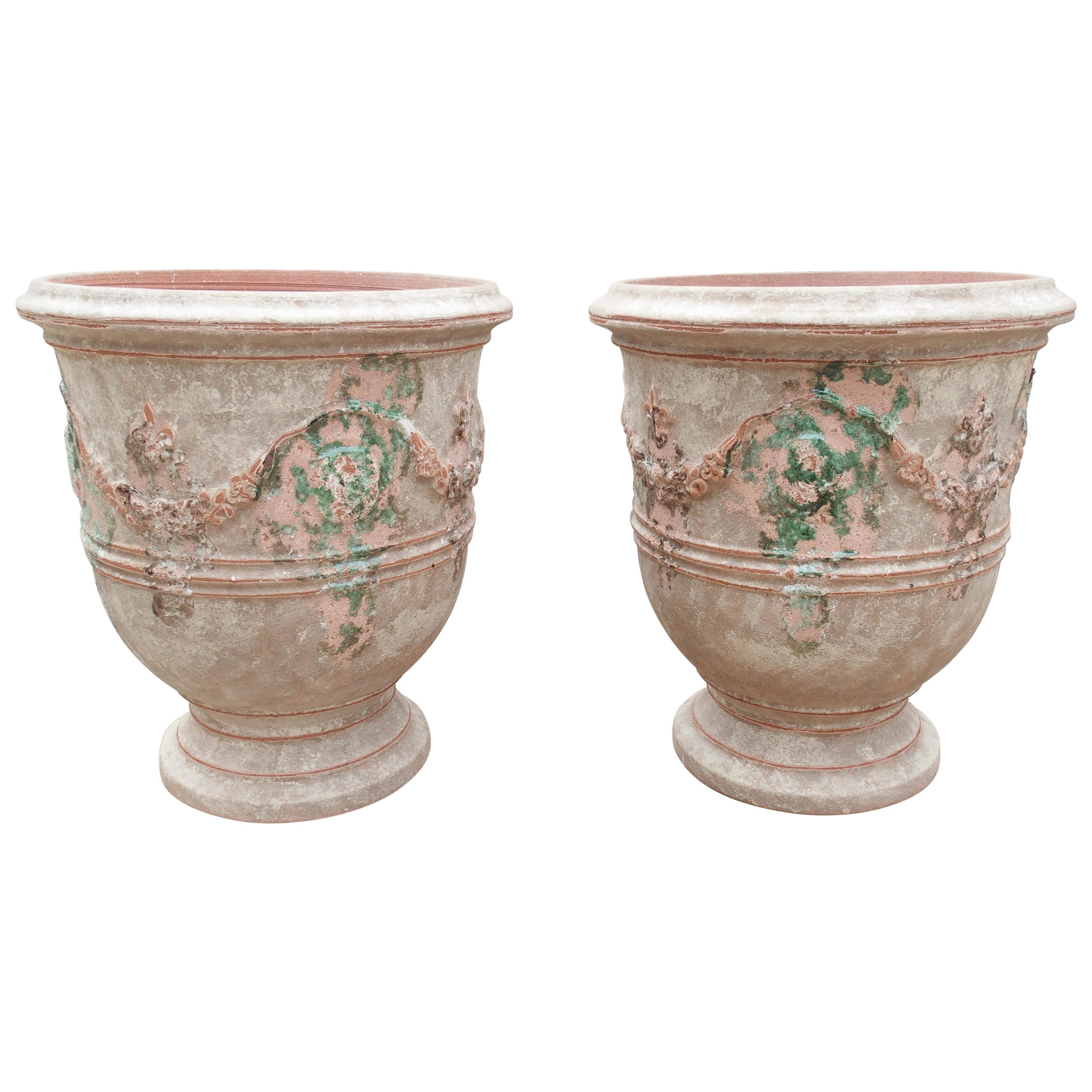 Pair of Antiqued Classic Fleur-de-Lis Anduze Pots from France