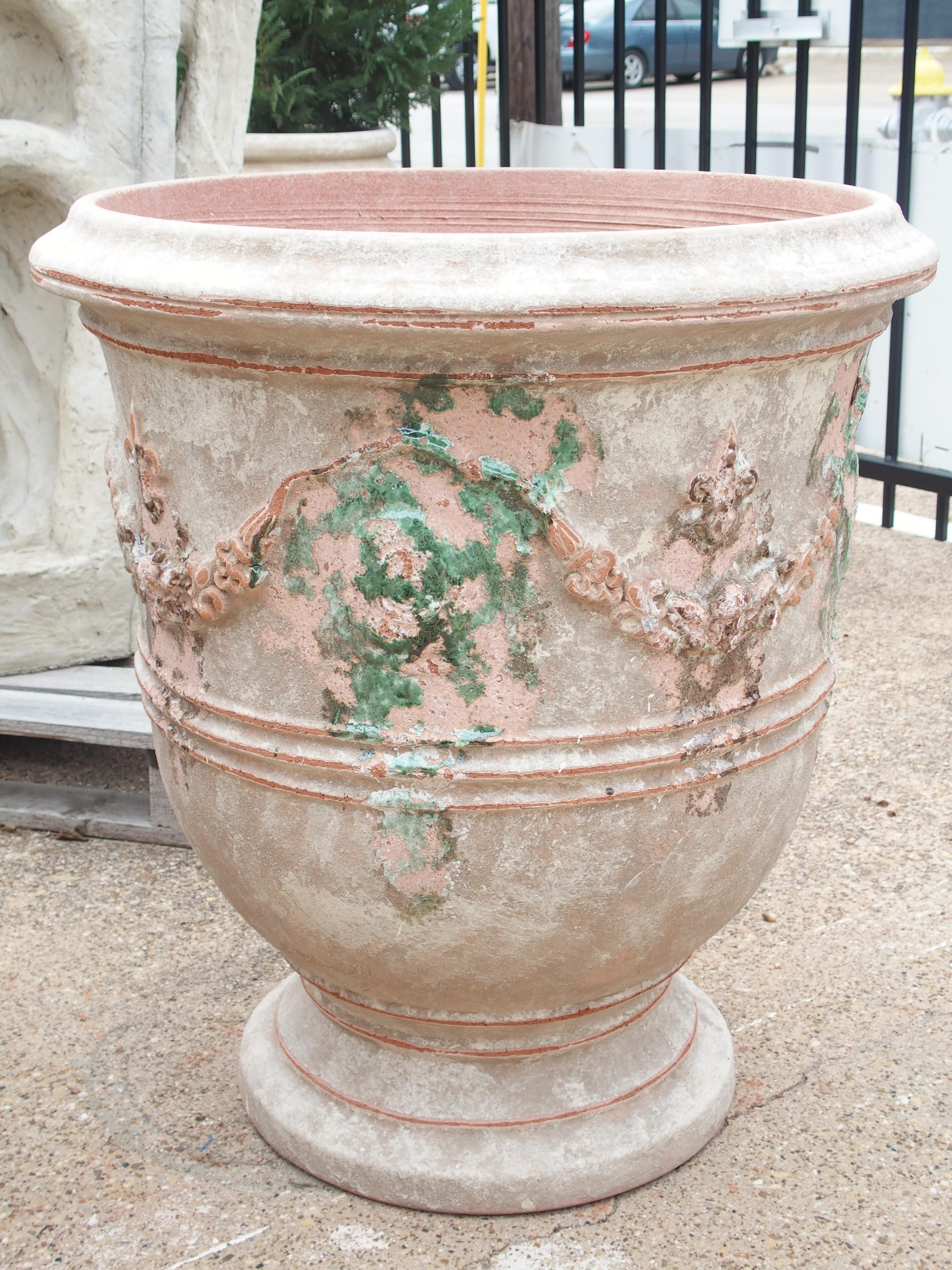 French Pair of Antiqued Classic Fleur-de-Lis Anduze Pots from France