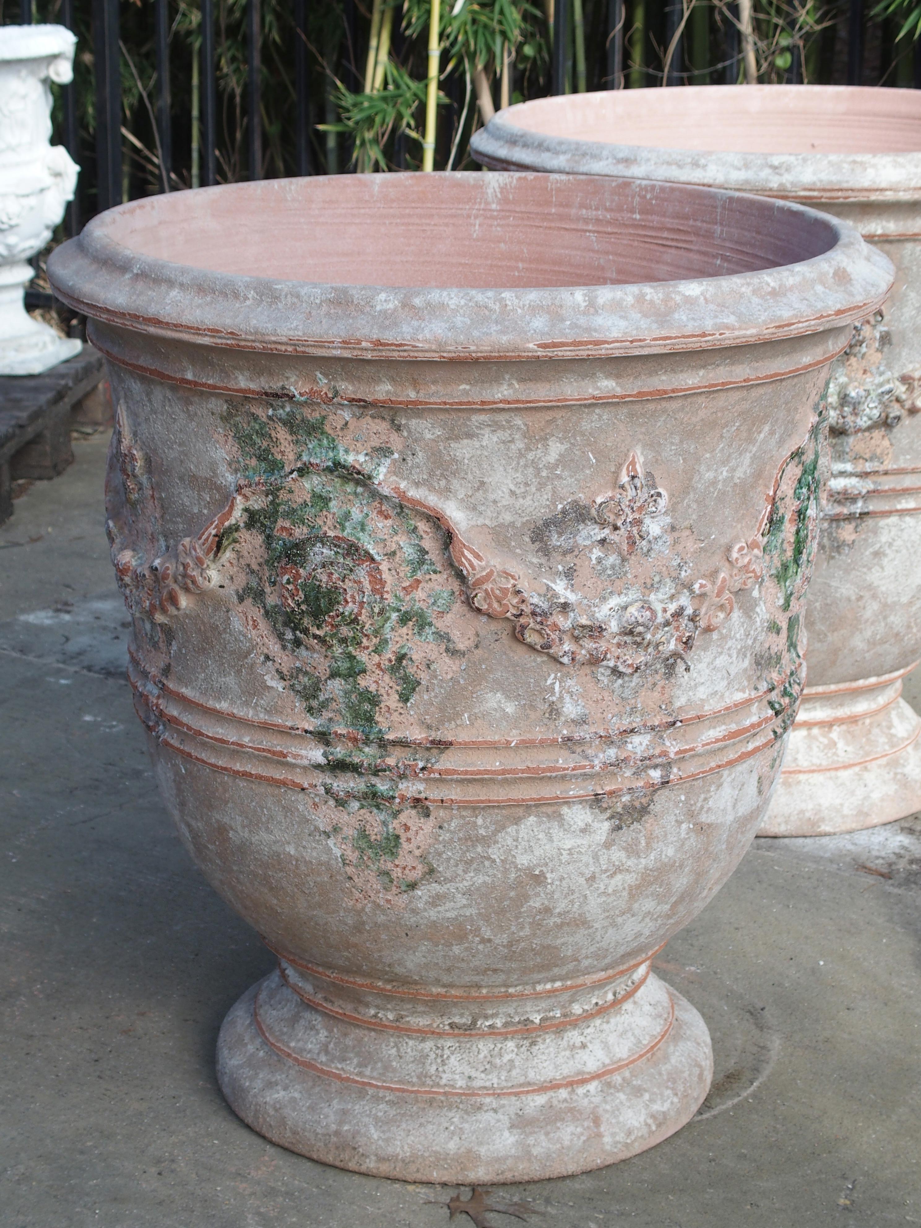 Glazed Pair of Antiqued Classic Fleur-de-Lys Anduze Pots from France