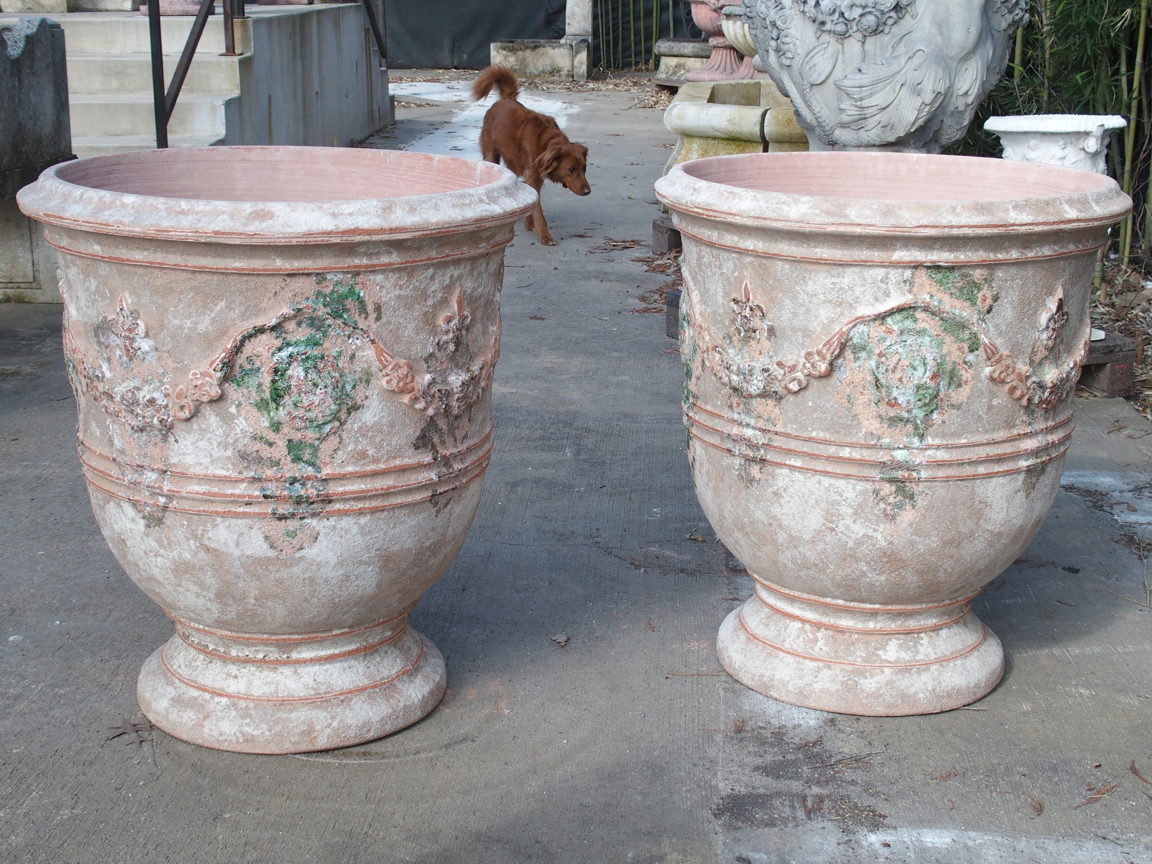 Pair of Antiqued Classic Fleur-de-Lys Anduze Pots from France 1