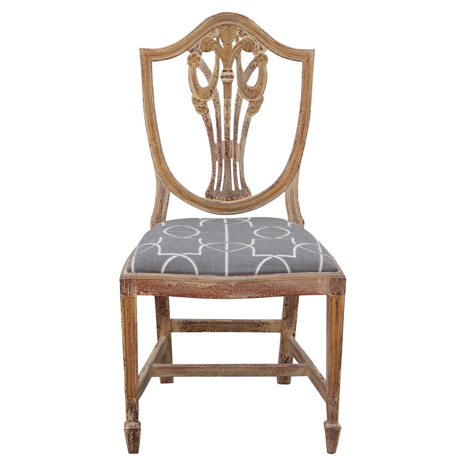 American Pair of Antiqued Hepplewhite Shield Back Side Chairs with Swag Details